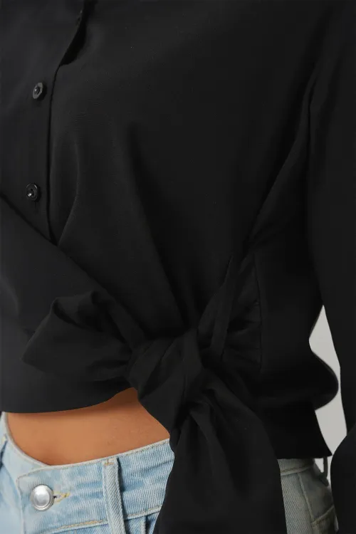 Kadın Bağlamalı Uzun Kol Gömlek 20325 - Siyah