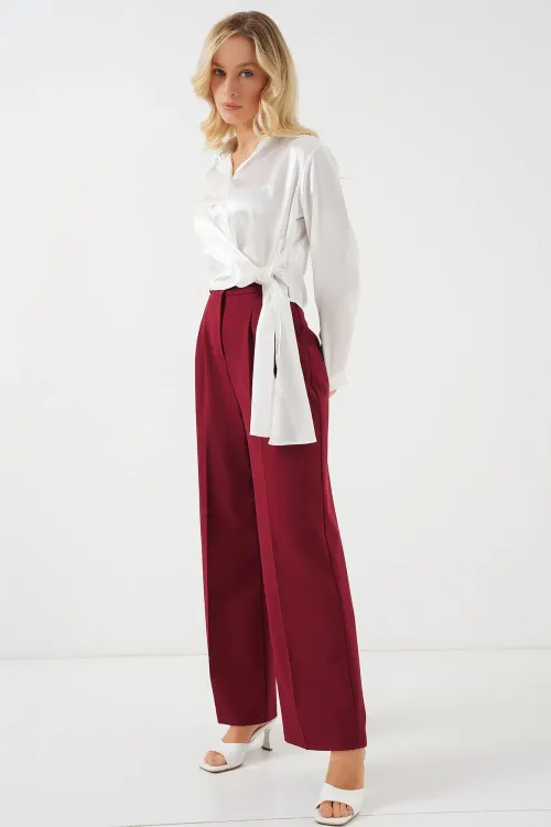 Kadın Bağlamalı Uzun Kol Saten Gömlek 20287 - Beyaz