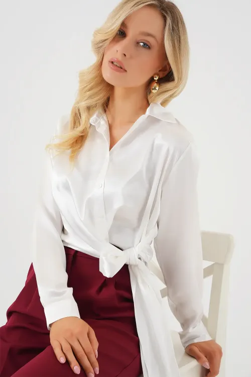Kadın Bağlamalı Uzun Kol Saten Gömlek 20287 - Beyaz