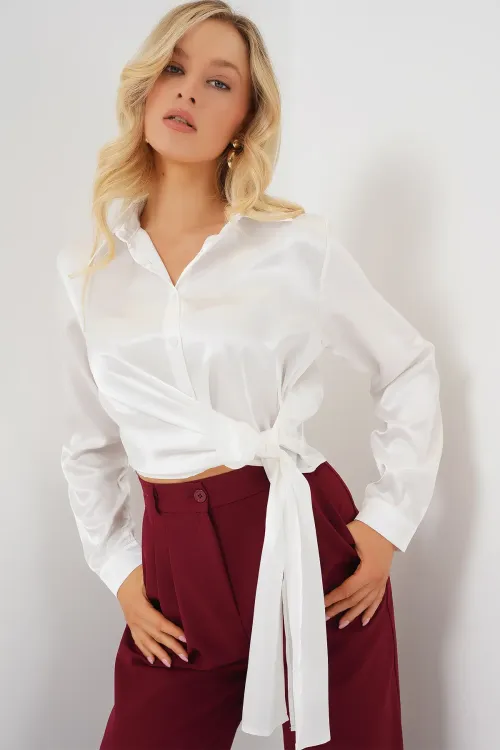 Kadın Bağlamalı Uzun Kol Saten Gömlek 20287 - Beyaz