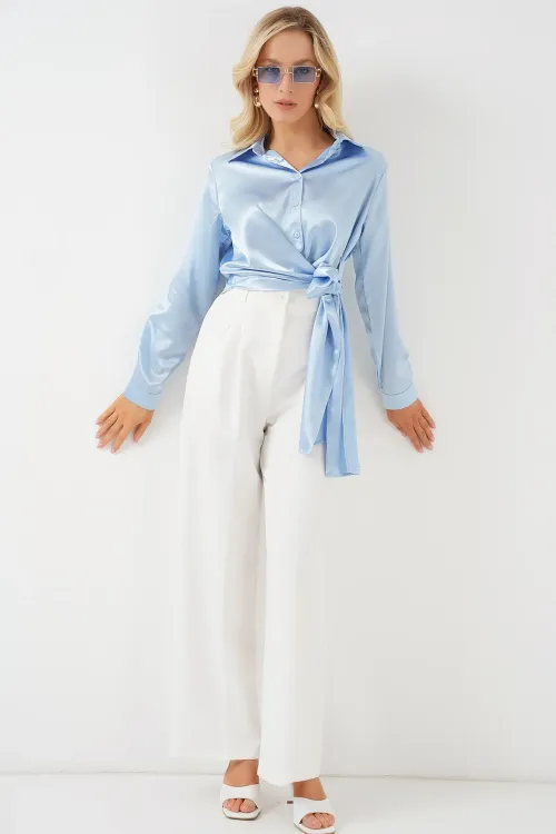 Kadın Bağlamalı Uzun Kol Saten Gömlek 20287 - Mavi