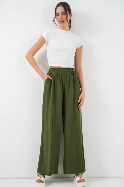 Kadın Beli Lastikli Bol Paça Pantolon 30087 - Haki
