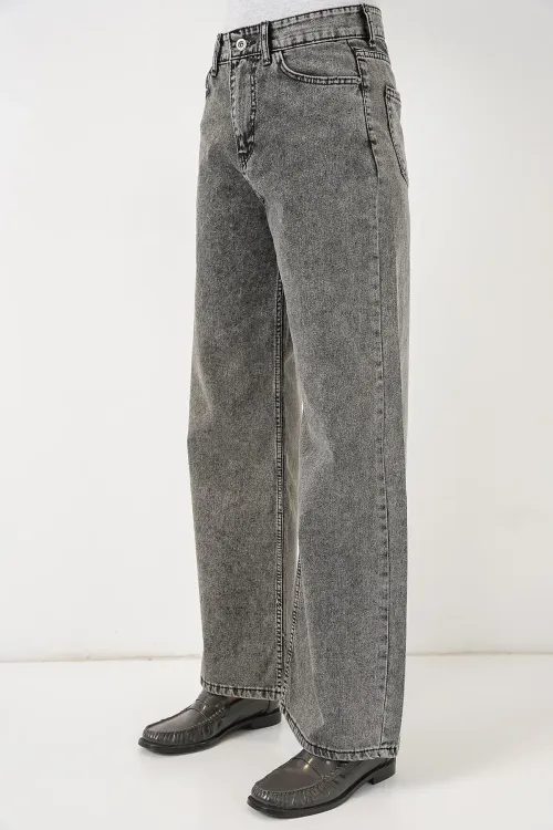 Kadın Bol Paça Yüksek Bel Palazzo Kot Pantolon 6656 - Gri