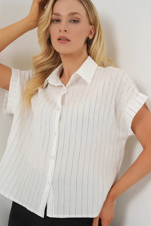 Kadın Çizgili Kısa Kol Gömlek 20327 - Beyaz