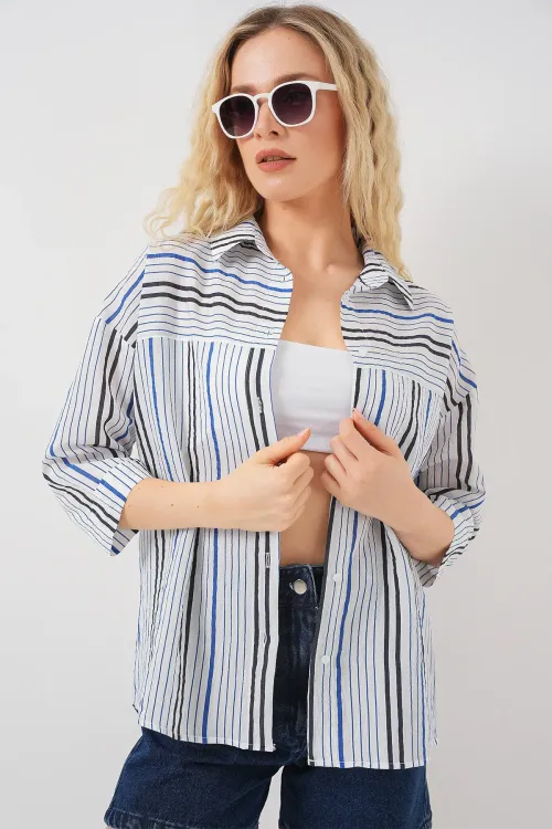 Kadın Çizgili Kısa Kol Gömlek 20344 - Lacivert