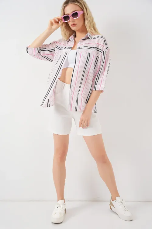 Kadın Çizgili Kısa Kol Gömlek 20344 - Pembe
