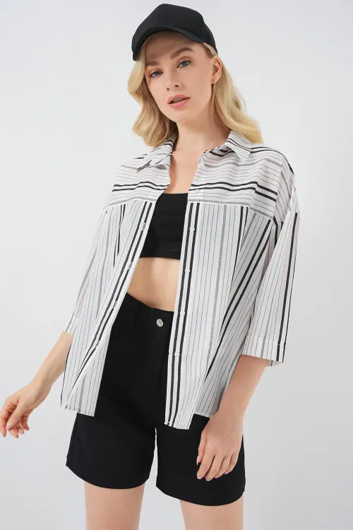 Kadın Çizgili Kısa Kol Gömlek 20344 - Siyah - Taş