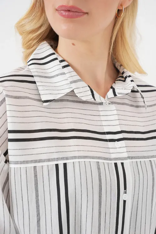 Kadın Çizgili Kısa Kol Gömlek 20344 - Siyah - Taş