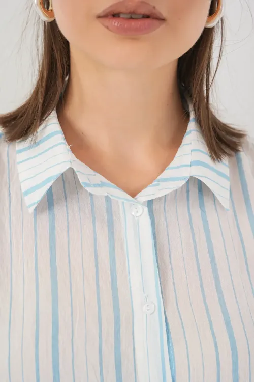 Kadın Çizgili Kısa Kol Gömlek 20345 - A.Mavi