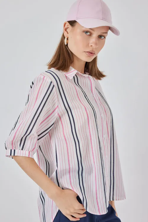 Kadın Çizgili Kısa Kol Gömlek 20345 - Pembe