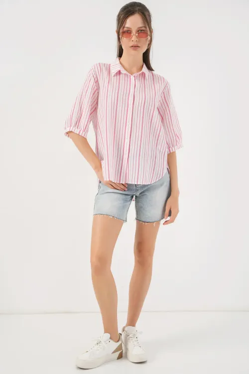 Kadın Çizgili Kısa Kol Gömlek 20345 - Pudra