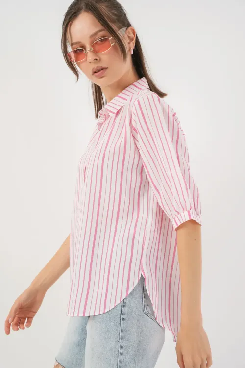 Kadın Çizgili Kısa Kol Gömlek 20345 - Pudra