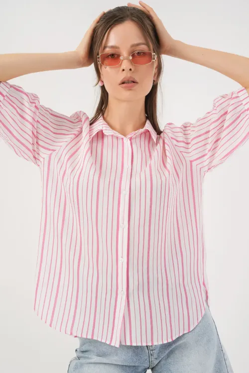 Kadın Çizgili Kısa Kol Gömlek 20345 - Pudra