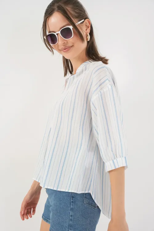Kadın Çizgili Oversize Bluz 967 - A.Mavi