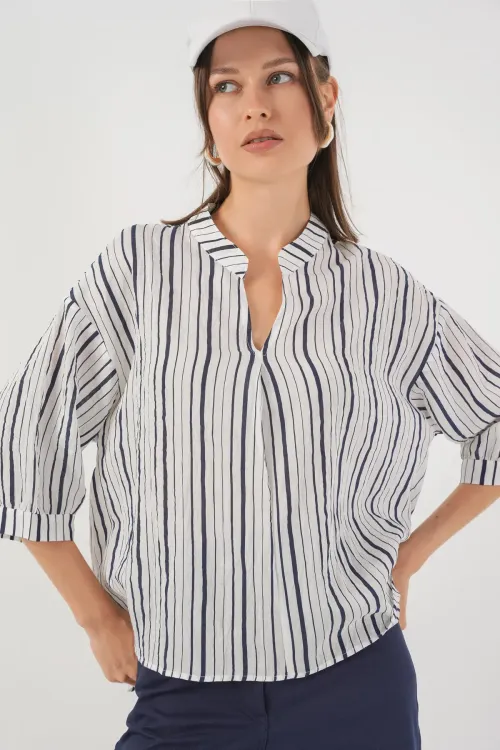Kadın Çizgili Oversize Bluz 967 - F.Lacivert