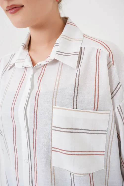 Kadın Çizgili Oversize Gömlek 20278 - B.Beyaz