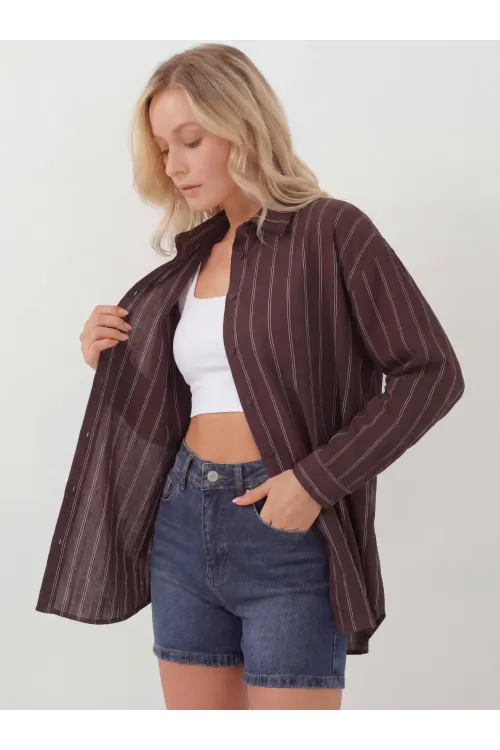 Kadın Çizgili Oversize Gömlek 20293 - Kahverengi