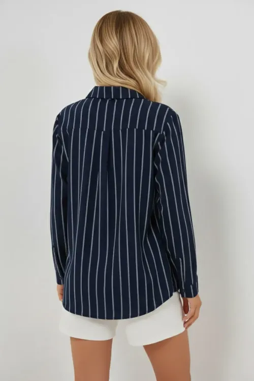 Kadın Çizgili Oversize Gömlek 20293 - Lacivert