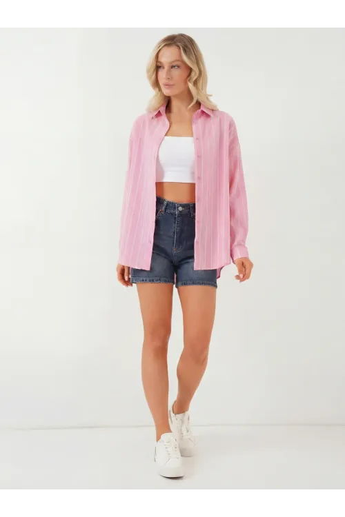 Kadın Çizgili Oversize Gömlek 20293 - Pembe