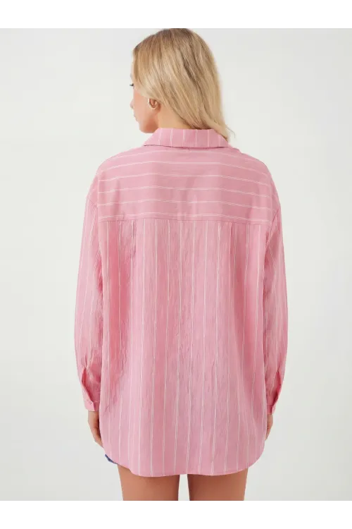 Kadın Çizgili Oversize Gömlek 20293 - Pembe