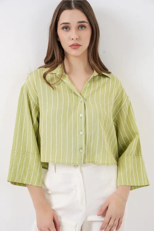 Kadın Çizgili Oversize Kısa Gömlek 20326 - E.Yeşil