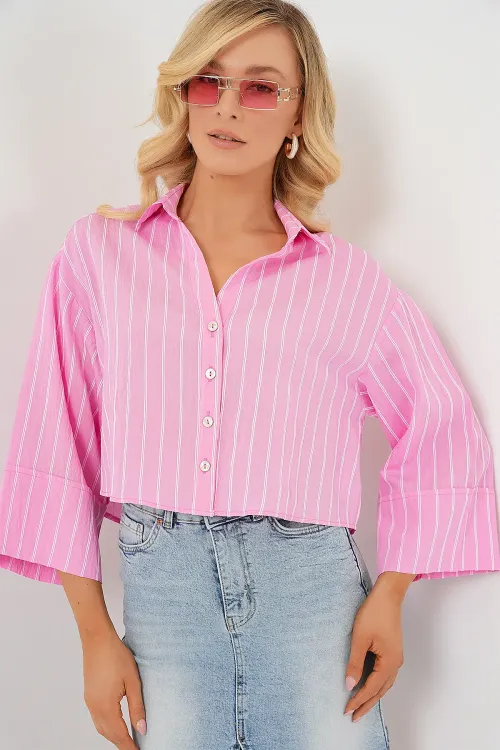 Kadın Çizgili Oversize Kısa Gömlek 20326 - Pembe