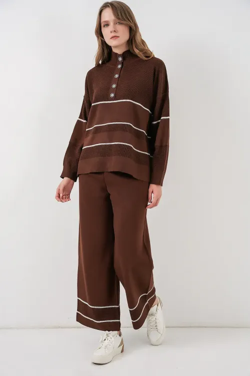 Kadın Çizgili Oversize Triko İkili Takım 15957 - Kahverengi