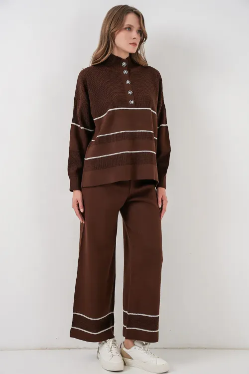 Kadın Çizgili Oversize Triko İkili Takım 15957 - Kahverengi