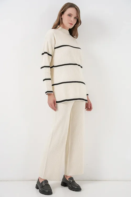 Kadın Çizgili Oversize Triko İkili Takım 15959 - Ekru