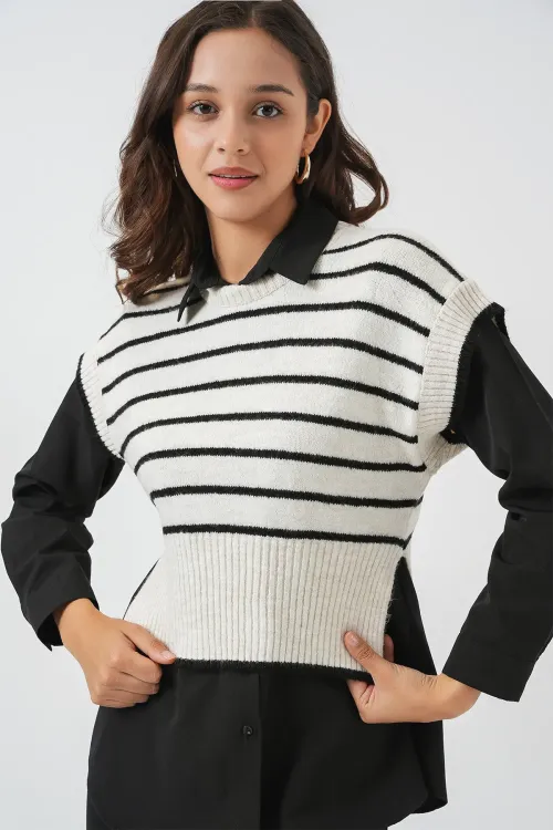 Kadın Çizgili Triko Süveter 15926 - Ekru
