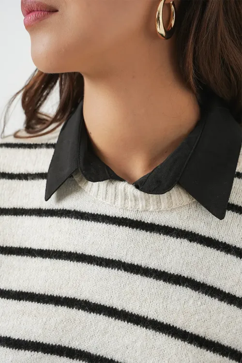 Kadın Çizgili Triko Süveter 15926 - Ekru