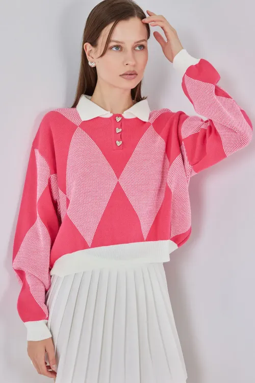 Kadın Crop Triko Kazak 15936 - C. Pembe