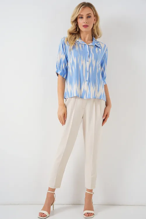 Kadın Desenli Kısa Kol Crop Gömlek 20337 - Mavi