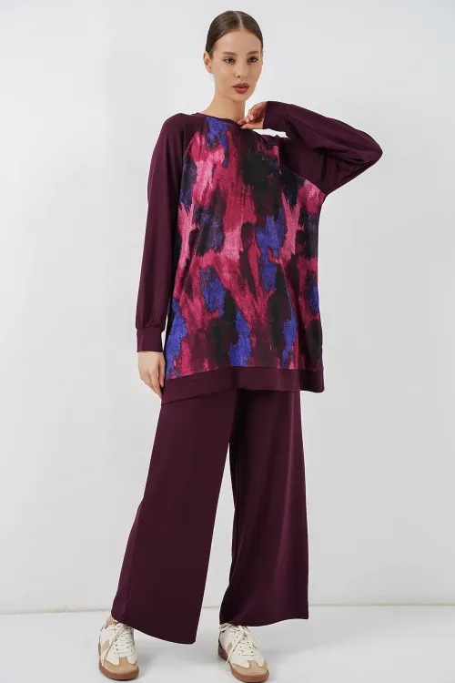 Kadın Desenli Oversize Tunik Pantolon İkili Takım 55462 - Mor
