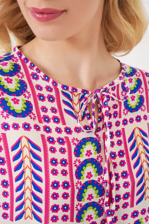 Kadın Desenli Uzun Kol Bluz 970 - Fuşya