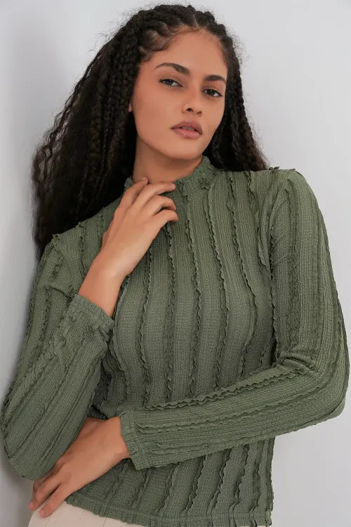 Kadın Dokulu Esnek Örme Bluz 975 - Haki