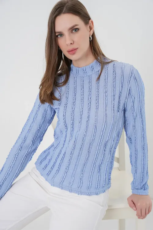 Kadın Dokulu Esnek Örme Bluz 975 - Mavi