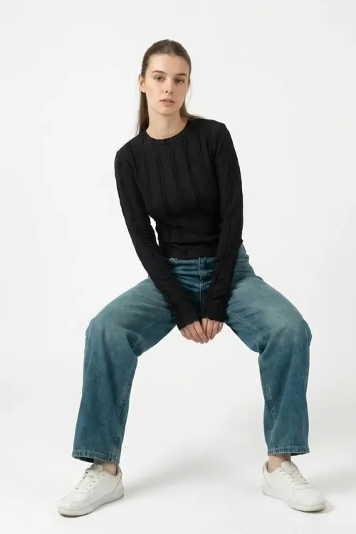 Kadın Dokulu Örme Bluz 980 - Siyah