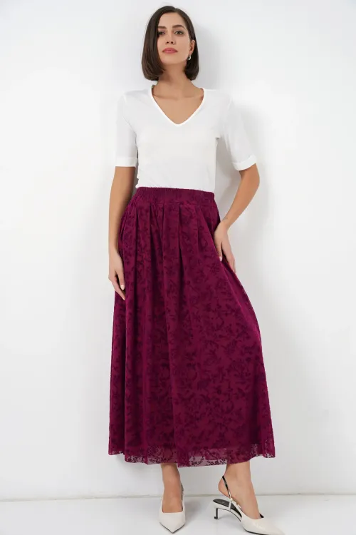 Kadın Flok Baskılı Astarlı Etek 8069 - Mürdüm