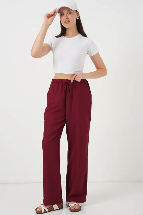 Kadın Geniş Paça Keten Pantolon 6735 - Bordo