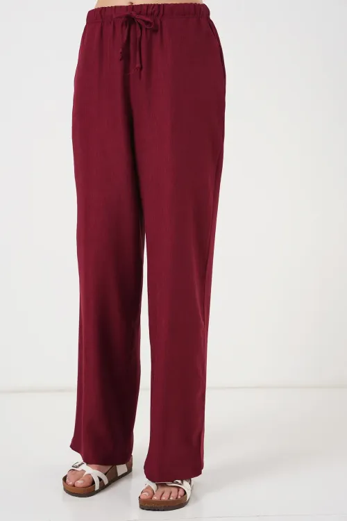 Kadın Geniş Paça Keten Pantolon 6735 - Bordo