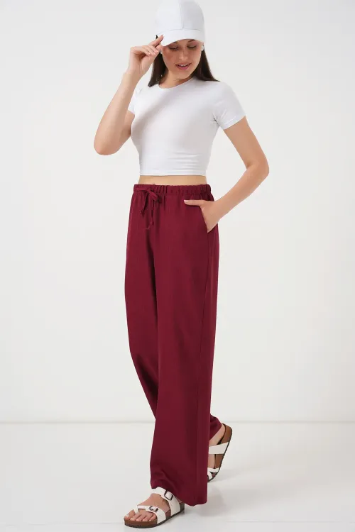 Kadın Geniş Paça Keten Pantolon 6735 - Bordo