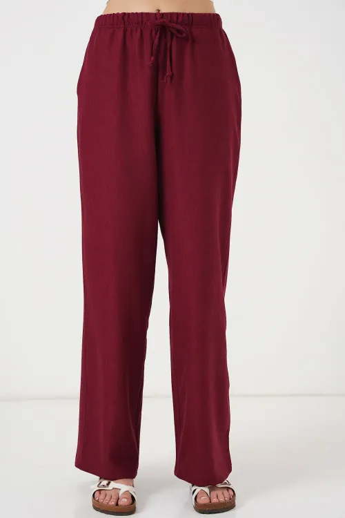 Kadın Geniş Paça Keten Pantolon 6735 - Bordo