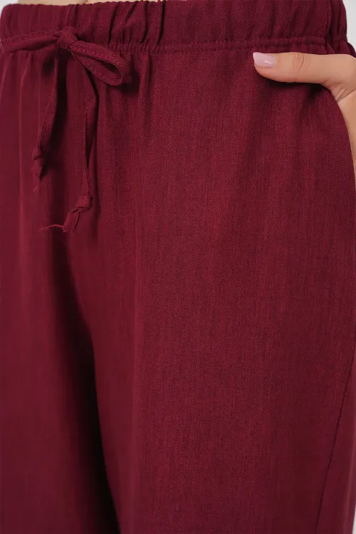 Kadın Geniş Paça Keten Pantolon 6735 - Bordo
