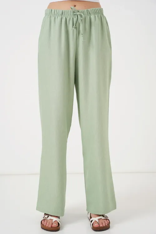 Kadın Geniş Paça Keten Pantolon 6735 - E.Yeşil