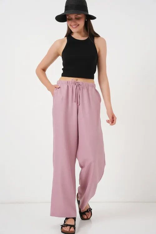 Kadın Geniş Paça Keten Pantolon 6735 - Gül Kurusu