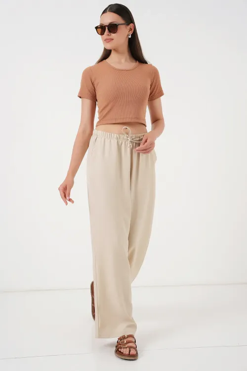Kadın Geniş Paça Keten Pantolon 6735 - Krem