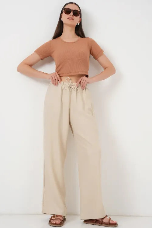 Kadın Geniş Paça Keten Pantolon 6735 - Krem