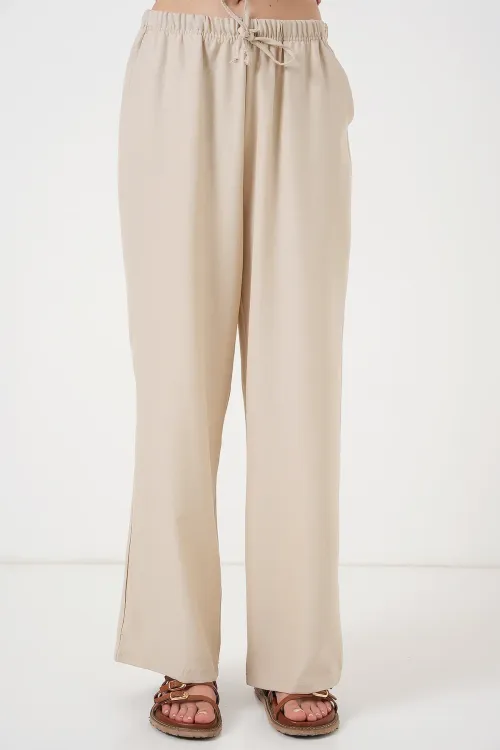 Kadın Geniş Paça Keten Pantolon 6735 - Krem