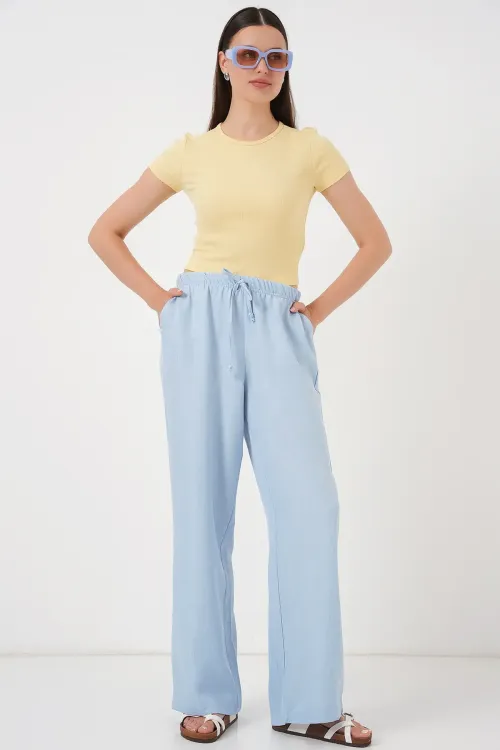 Kadın Geniş Paça Keten Pantolon 6735 - Mavi